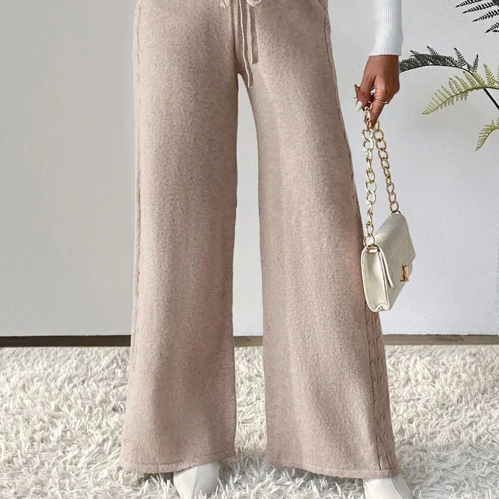 Khaki Casual Womens Drawstring Waist Wide Leg Knit Pants